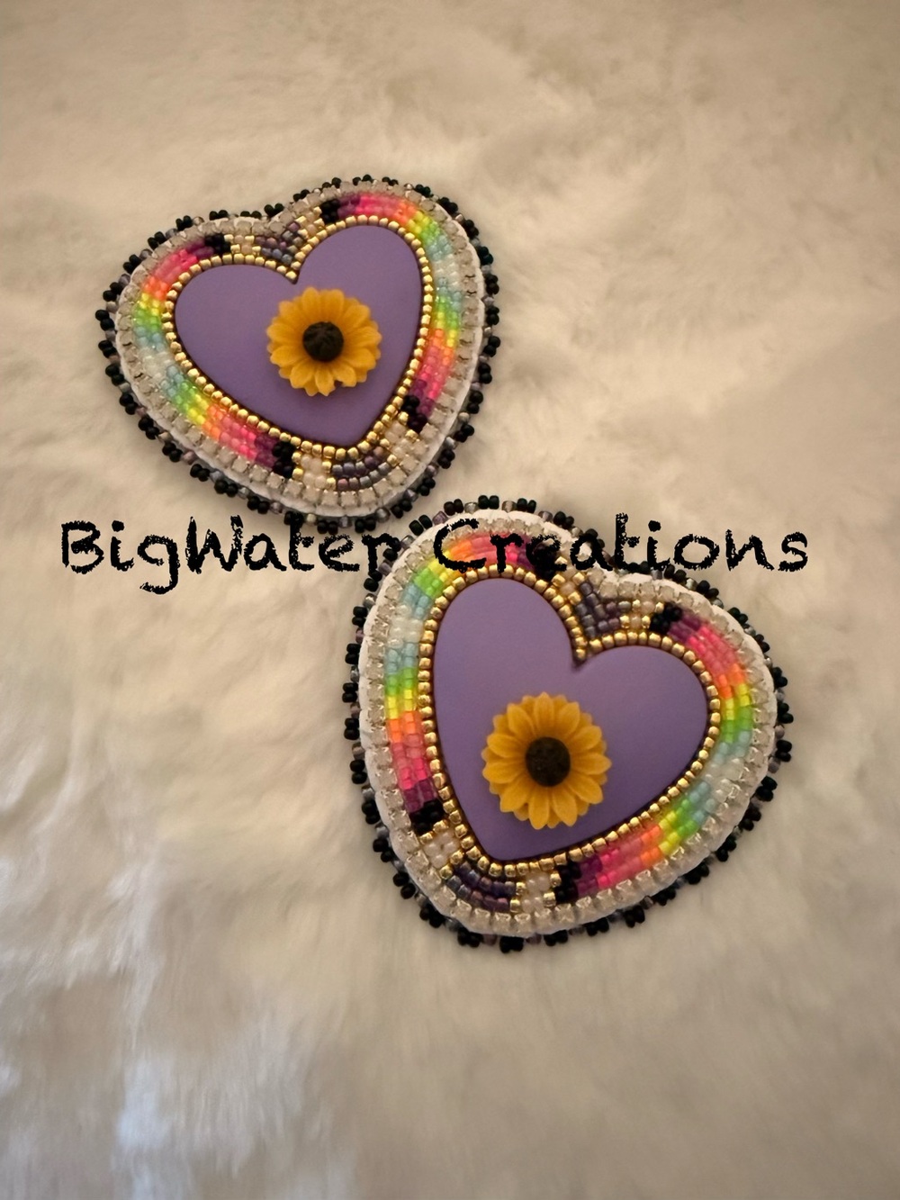 Handmade Beaded Heart Patches with Sunflower Accent - Purple Center